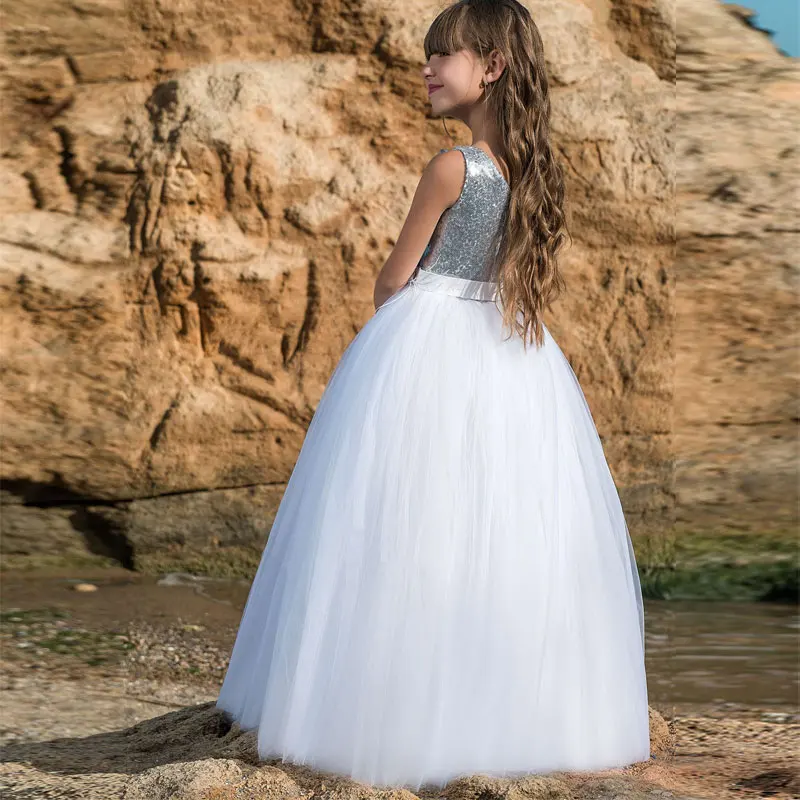 Fashion V Back Sparkling Silver Sequined Flower Girl Dress Sleeveless Fluffy Tulle Girls Pageant Ball Gowns Holy Communion | Детская