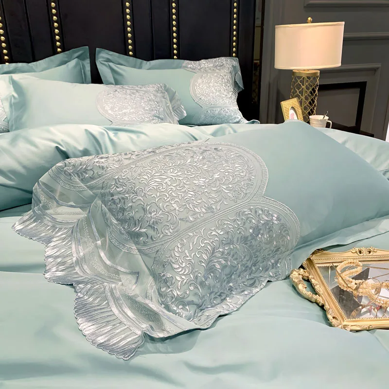 Embroidery sheet pillowcase duvet cover set New light green egyptian cotton lace bed linen bedclothes 4pcs/set adults | Дом и сад