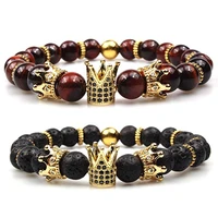 2pc imperial crown red tiger eye stone beads bracelet kingqueen luxury charm couple jewelry xmas gift for women men