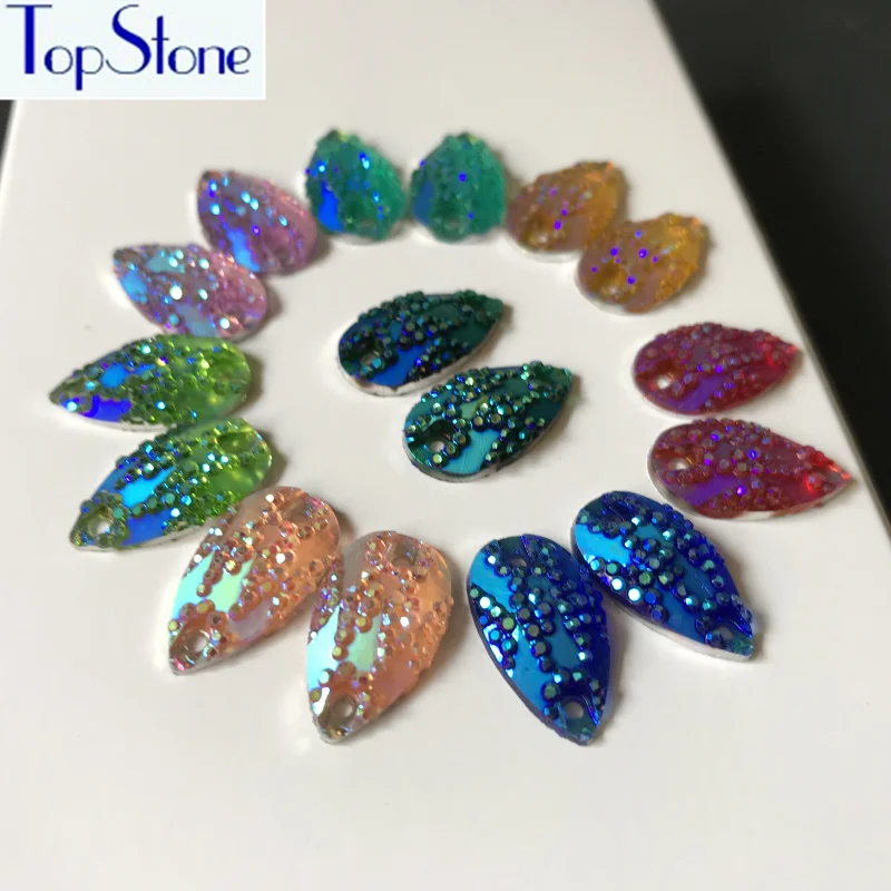 TopStone 100 шт. 11x18 мм каплеобразные пришивные стразы новые цвета AB каучук для