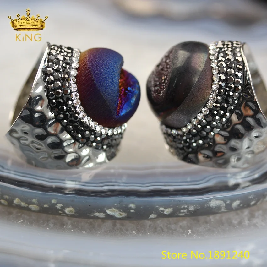 5 шт 20 мм большие кольца Drusy Geode, разные цвета, распродажа, друза титана, Агаты, камни, вымощенные Стразы, серебряное кольцо YT116