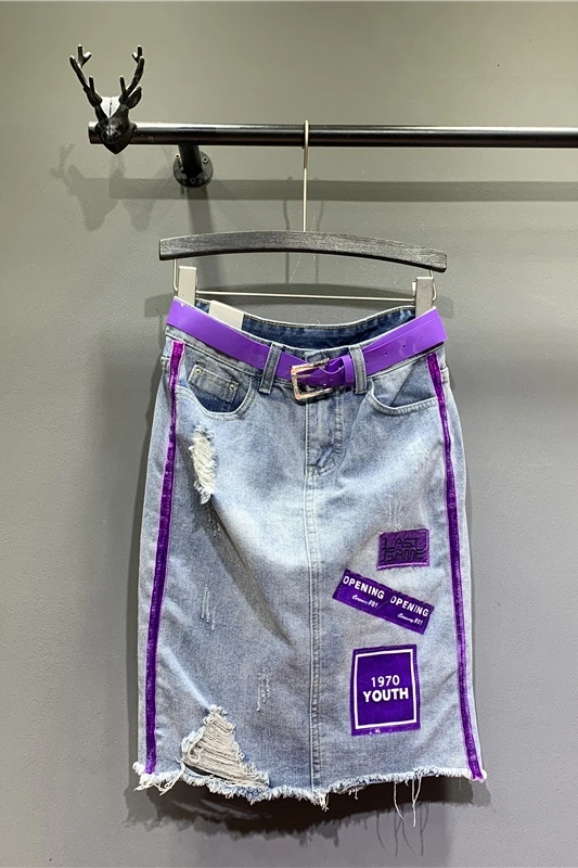 

2019 Women Fashion Skirt Hole Cotton Solid A-Line Appliques Knee-Length Empire Waist Denim Preppy Style Summer