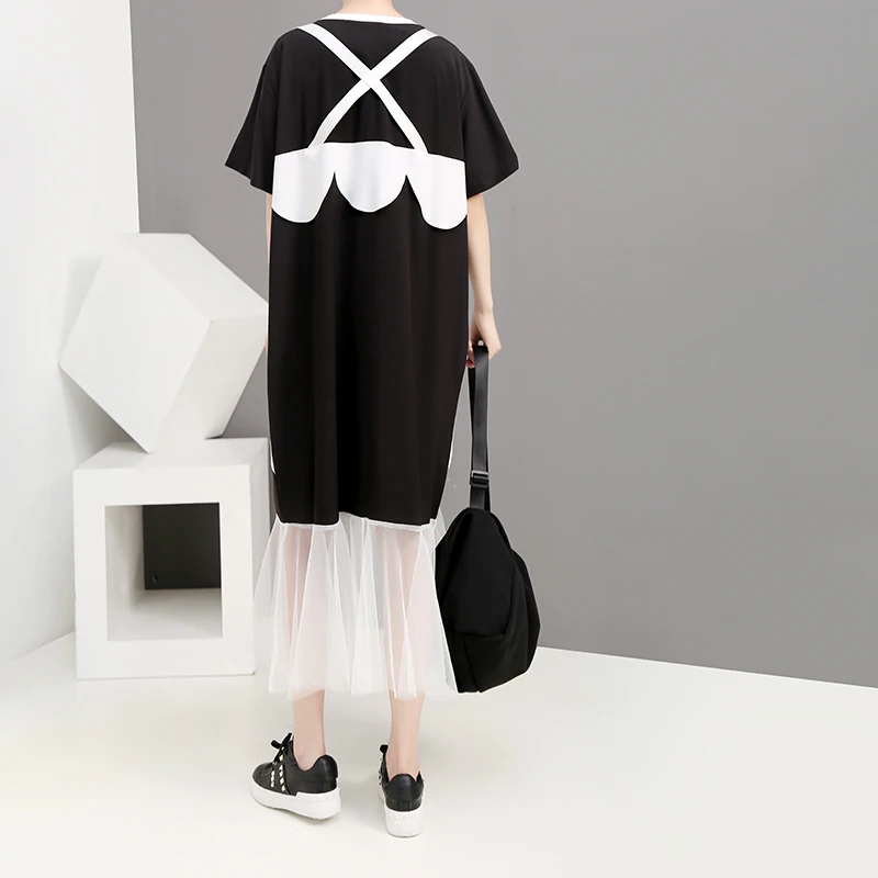 2019 корейское женское летнее черное платье футболка с геометрическими