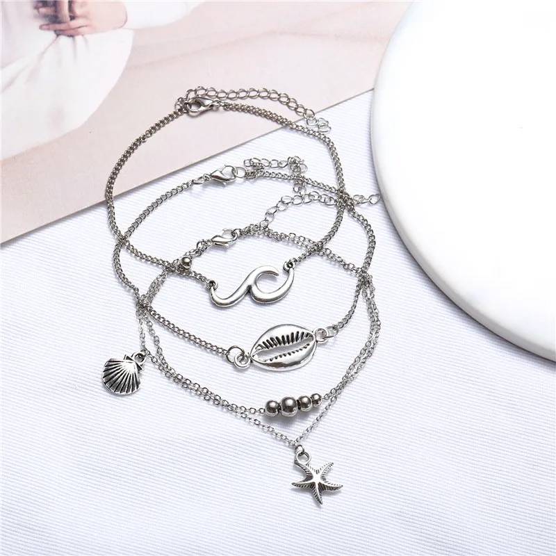 Boho Лето океан пляжные браслеты на ногу для женщин многослойный земля Сердце Луна Звезда Дельфин Черепаха Морская звезда ананас лодыжки браслет