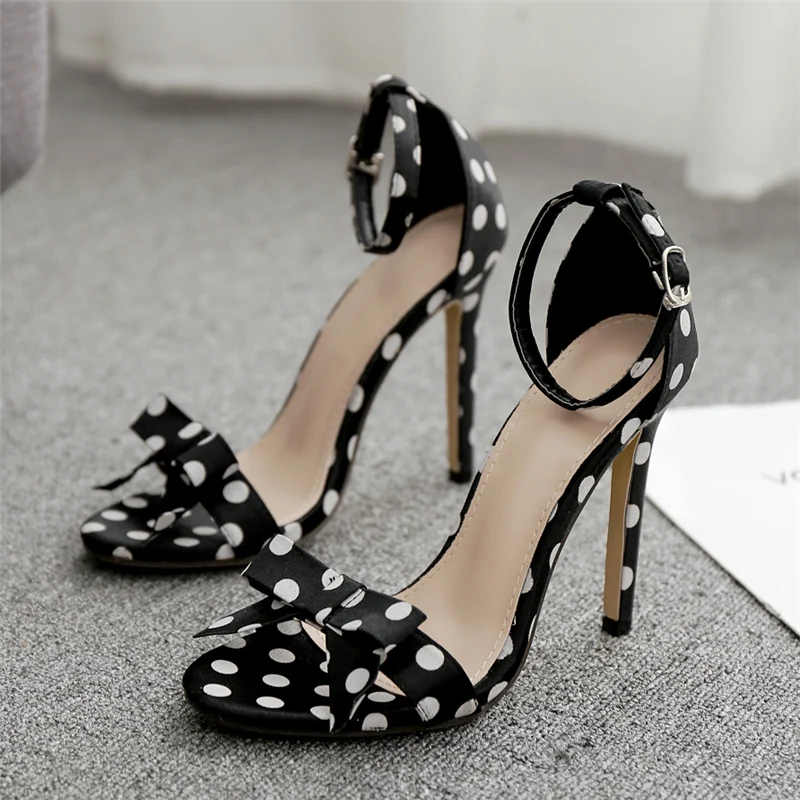 Summer Women 11.5cm High Heels Silk Satin Buckle Strap Stripper Sandals Female Fetish Shoes Lady Polka Dot Pumps YFD-161
