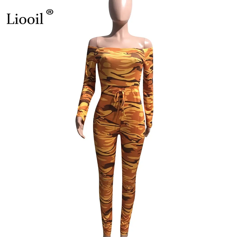 Orange Liooil Camouflage Bodycon Sexy Sheer Jumpsuits For Women Club One Piece Outfits Off Shoulder Party Rompers Womens Jumpsuit - Color: Orange