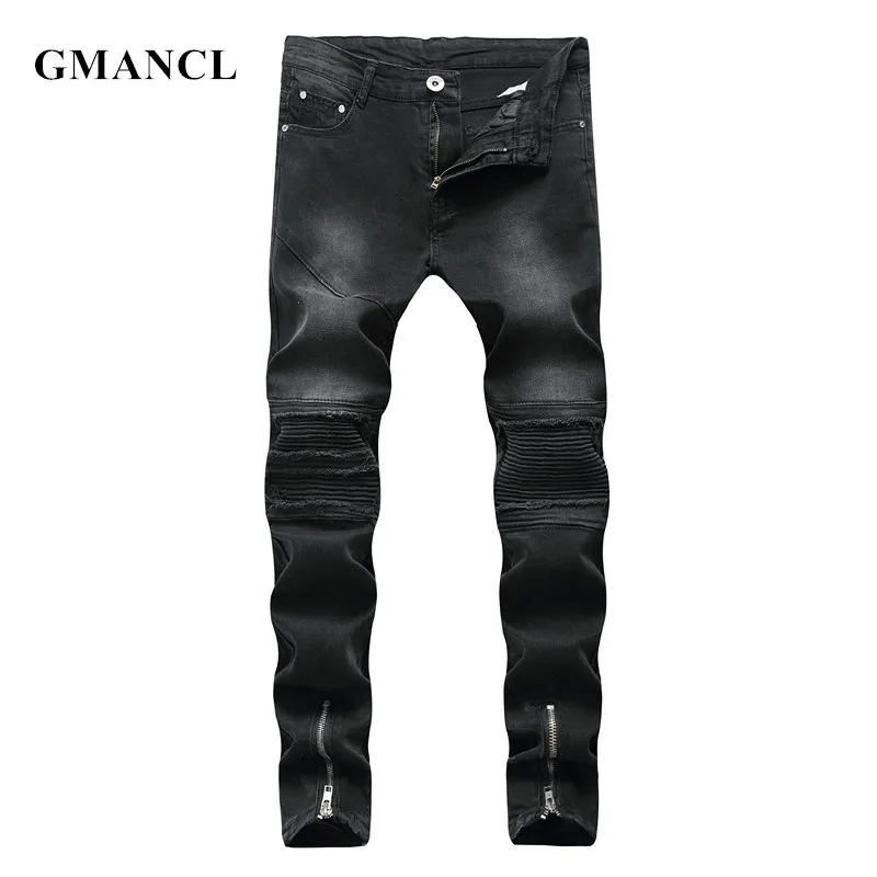 

New Men's Biker Ripped Jeans Slim Fit Hem Zipper Motocycle Streetwear Pleated Distressed For Male Skinny Washed Denim Trousers