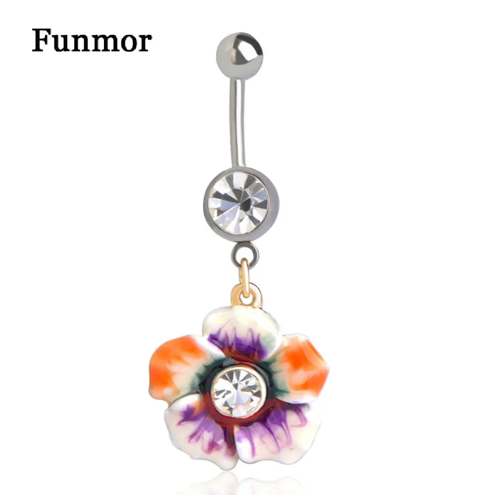

Unusual Design Dangle Enamel Flower Gold Body Jewelry Piercing Navel Belly Button Ring Percing Belly Bar Surgical Steel 316L