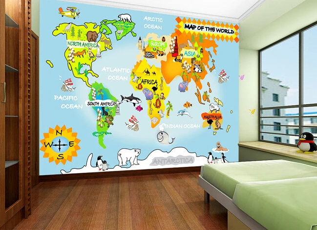 Пользовательские papel де parede infantil мультфильм карта мира фрески для мальчиков и