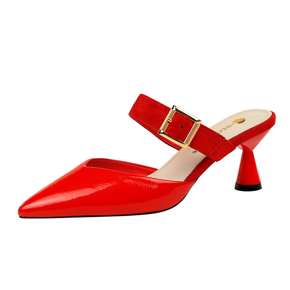 

2019 Brand High Heels Slippers Pointed Toe Shoes for Women Slip-On Designers Summer Party Wedding Pumps Ladies Block Heel Shoes