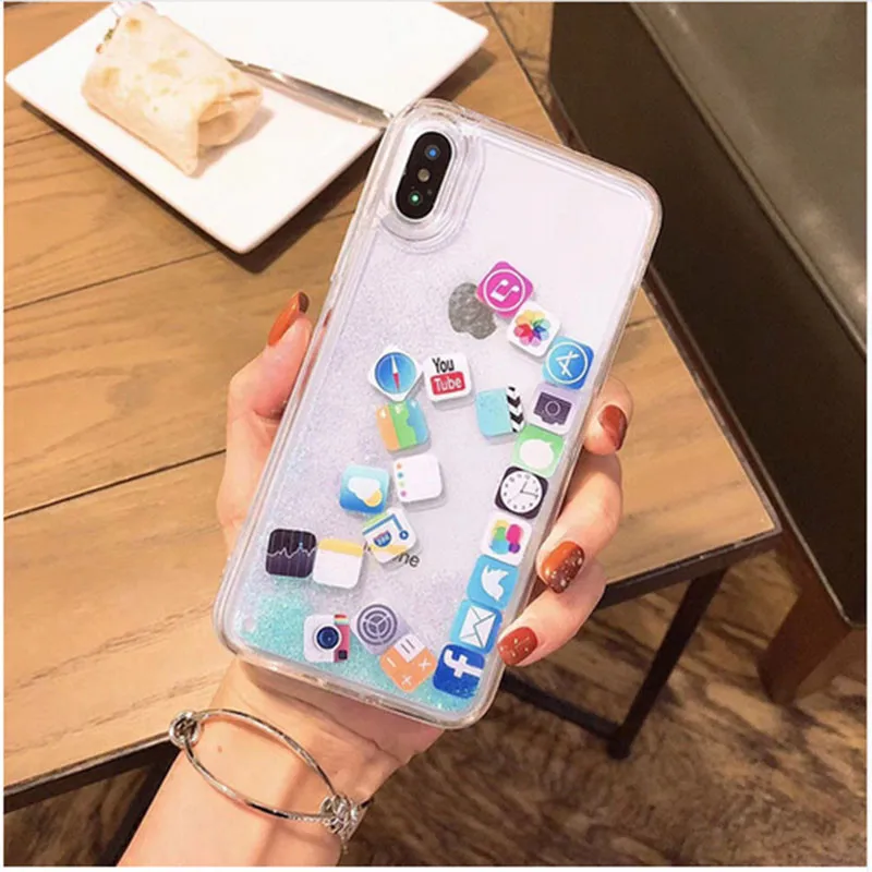 Жидкий блеск зыбучий песок чехол для iPhone X XR XS Max Fundas приложения значок жесткий
