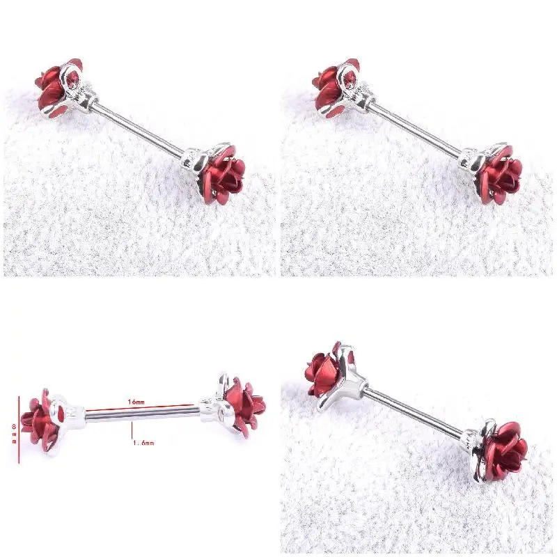 Нежное двойное кольцо из нержавеющей стали с красной розой для сосков цветком