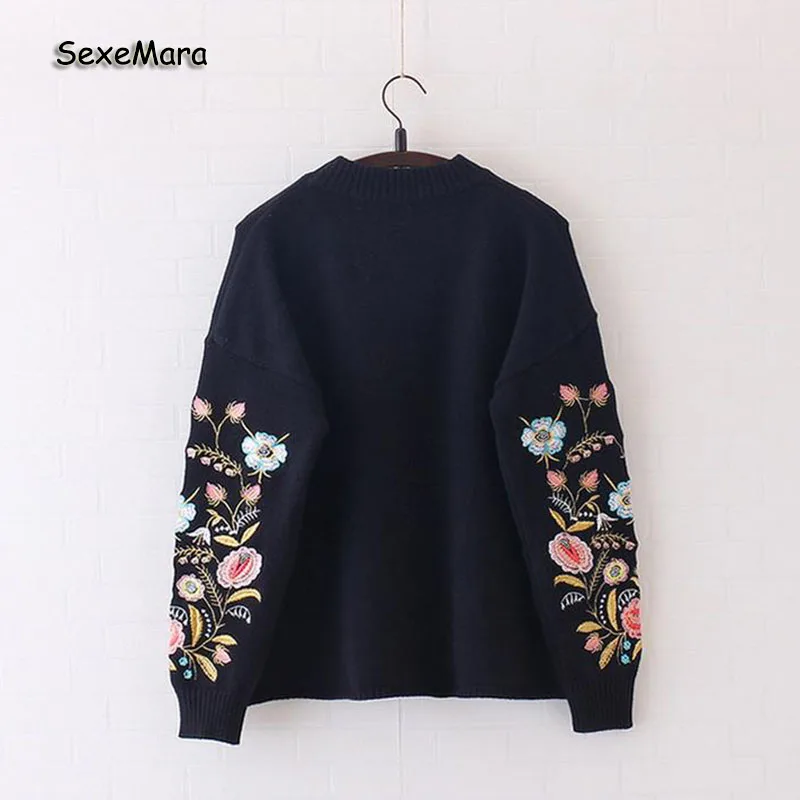 Новый 2017 Женщины Винтаж Вышивка Цветочные Мода Пуловер Свитер Свободные