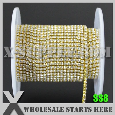 

SS8 CLOSE Rhinestone Cup Chain, Crystal Rhinestone in Gold Chain for Wedding Decoration and Bridal Dress X1118