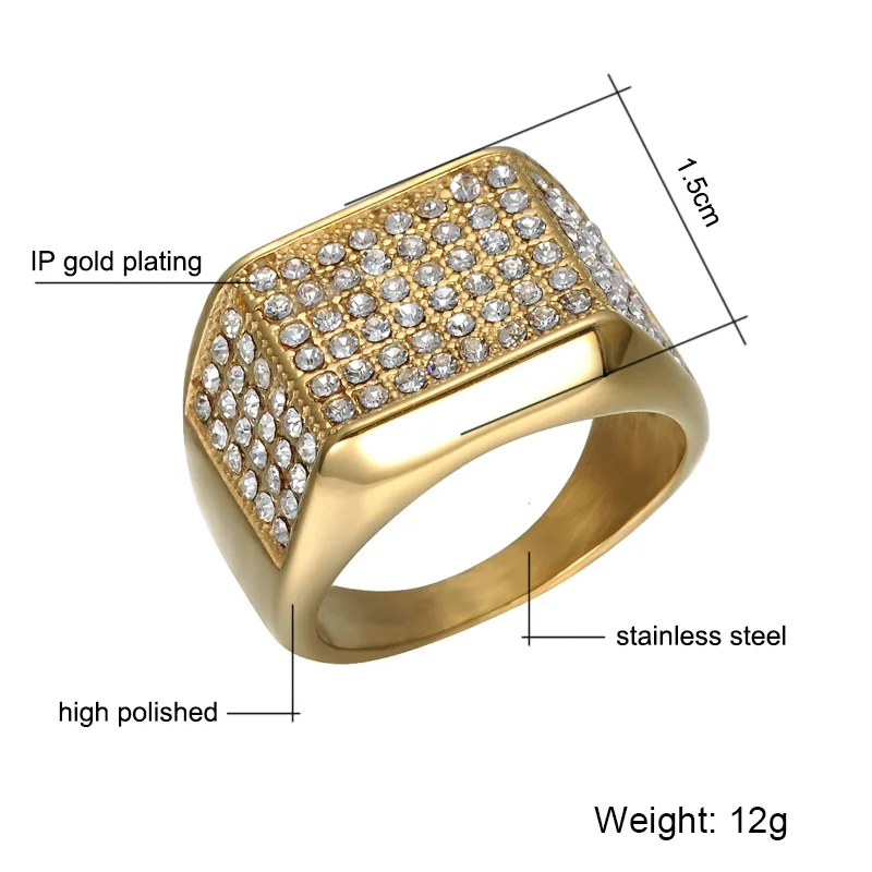 Хип-хоп микро проложить Стразы Iced Out Bling геометрическое Кольцо IP позолоченные