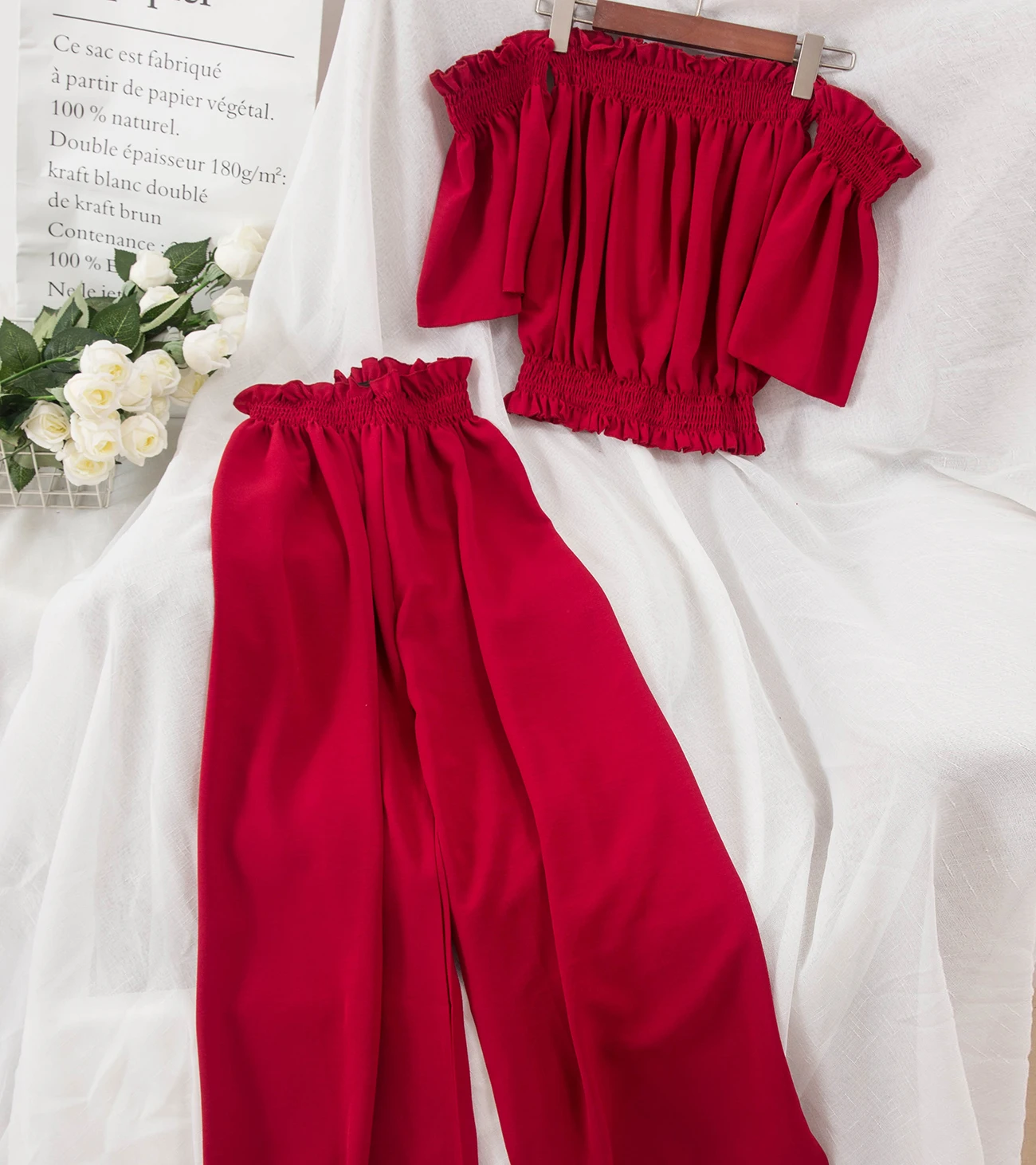 Женский шифоновый костюм ALPHALMODA комплект из топа и брюк с широкими штанинами