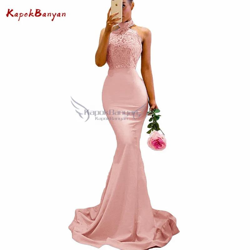 Mistyrose Платье подружки невесты с аппликацией и лямкой на шее; платье подружки невесты с Блестками, Бисером и пуговицами на молнии; специальное кружевное платье подружки невесты на свадьбу - Цвет: Mistyrose