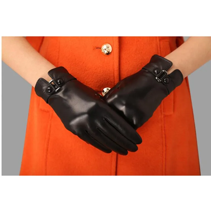 Черный Women Touch Screen Genuine Leather Gloves Ladies Winter Warm Plus Velvet Thickened Mittens Female Casual Fashion Hand Muff H3221 - Цвет: Черный