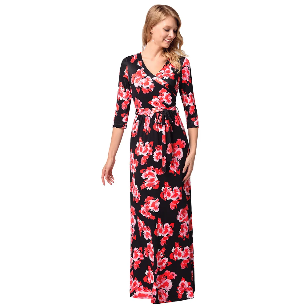 Ebay 2018 европейские и американские новые летние V Neck Printed Dress девять минуту рукавом