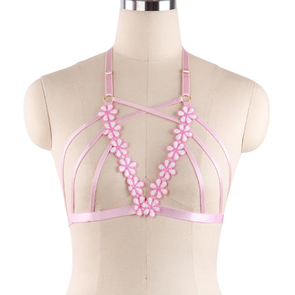 Женский бюстгальтер портупея с вышивкой и розовыми цветами|harness bra|harness sexybody harness |