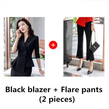 Black coat and pants Красный костюм с юбкой, комплект из 2 предметов, Модный деловой женский костюм, Офисная Женская рабочая одежда, униформа для интервью, Тонкий Блейзер, топ с рукавами hlaf - Цвет: Black coat and pants