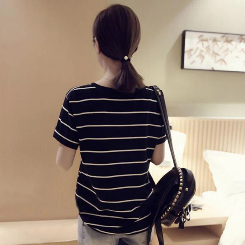 Liva Girl Simple Summer Fashion Women Black White Striped Short Sleeve Loose Tops Female Shirts Clothing Gifts | Женская одежда