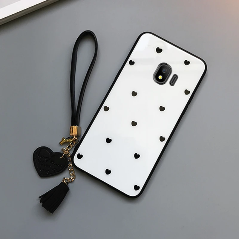 Для samsung Galaxy J4 J6 чехол из закаленного стекла с сердечком для samsung J4 J6 Plus Prime EU кисточка ремешок Funda