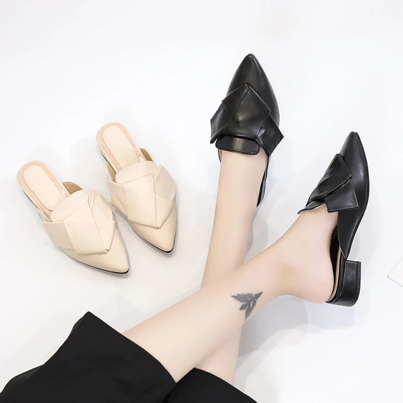 Тапочки с закрытым носком женские туфли без задника большим бантом шлепанцы на