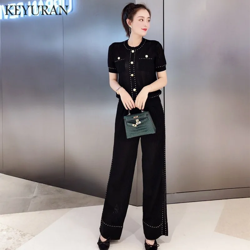 Женский трикотажный комплект из 2 предметов широкие брюки + пуловер со свитером и