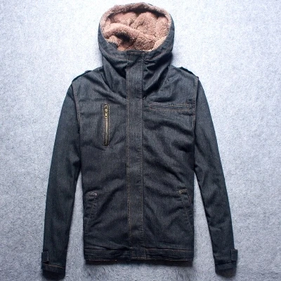 

Men Hooded Denim Jacket with Faux Fur Collar Winter Warm Jeans fur jacket for Mens Male Fleece Jean Windbreaker Coat 110703