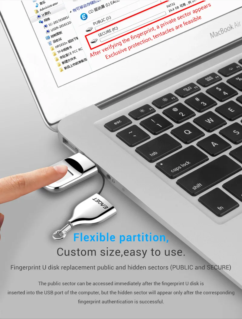Eaget USB флеш-накопитель 32 ГБ, шифрование отпечатков пальцев, флеш-диск, флешка 64 ГБ, высокотехнологичная Защитная флешка, USB флешка для бизнеса