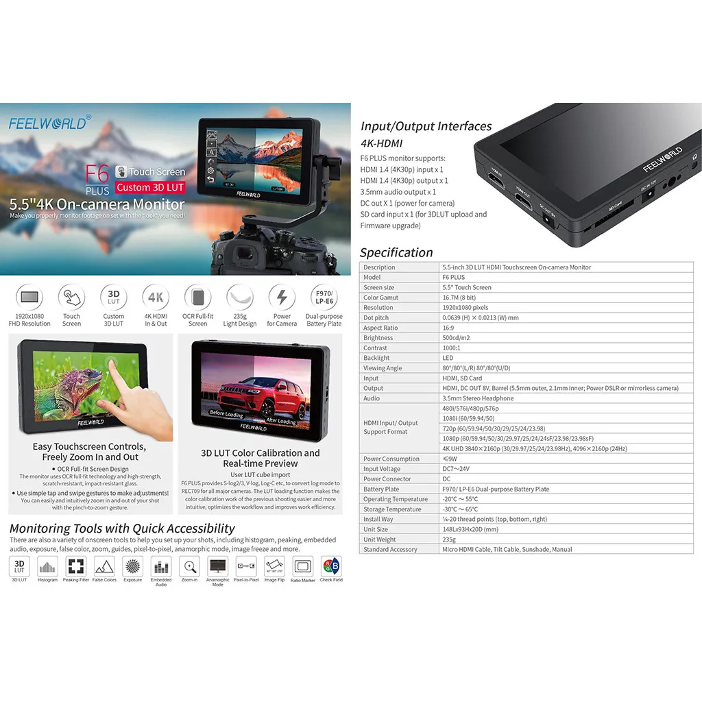 FEELWORLD F6 Plus 5,5 дюймов Suppor 4K 3D DSLR камера полевой монитор 1080P для DSLR камеры s и карданный стабилизатор