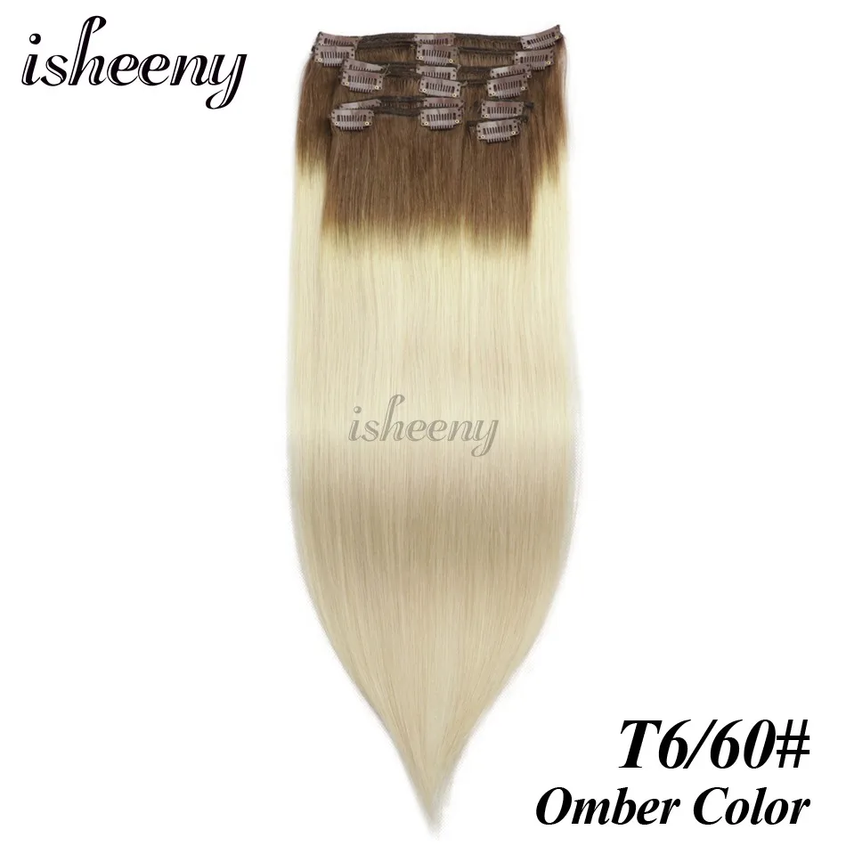 Isheeny Remy(Реми), накладные волосы для наращивания 8 шт./компл. бесшовные натуральные человеческие волосы для наращивания на заколках, на всю голову, бразильский Однотонная одежда волосы на заколках