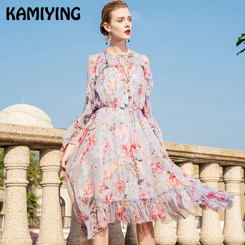 KAMIYING/женское платье с цветочным принтом на шнуровке вырезом в английском стиле