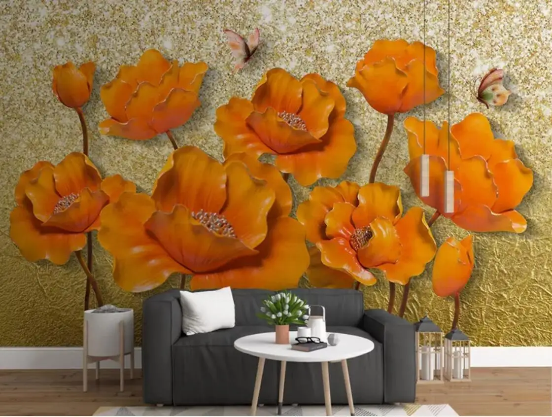 

Embossed Yellow Tulip Flower Wall Mural Photo Wallpaper Bedroom Printed Wall Paper Contact Paper Floral Murals Papel De Parede