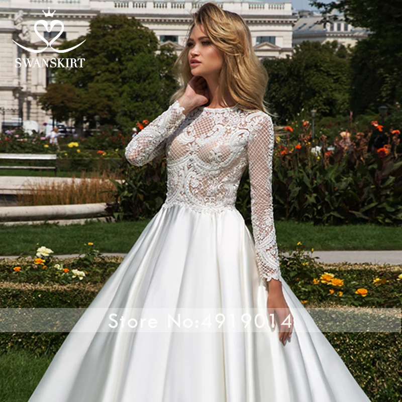 Женское свадебное платье трапеция с круглым вырезом и длинными рукавами