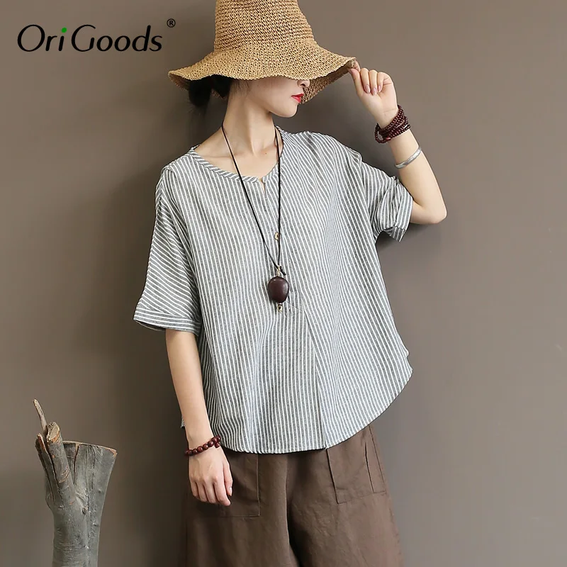 OriGoods Striped Shirt Summer Blouse Women Short sleeve Batwing Loose Causal Plus size Blusas Tops A349 |