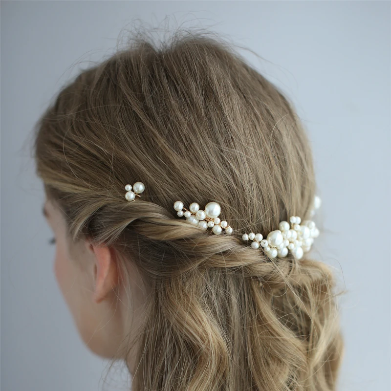 

5PCS Gold Color Handmade Hair Pins and Combs Pearl Hair Jewelry Accessories Head Decoration Women Shiny Head Decoration Tiara