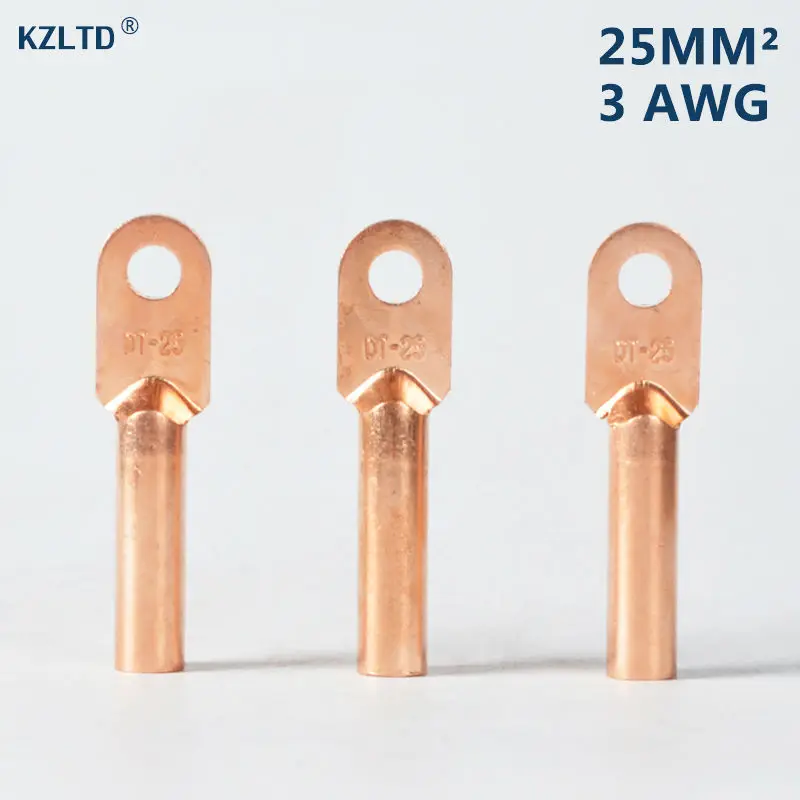 

20PCs/Lot Cable Wire Crimp Lugs 25mm / 3 AWG 8MM / 0.31" Bolt Hole Copper Tube Battery Terminals DT-25