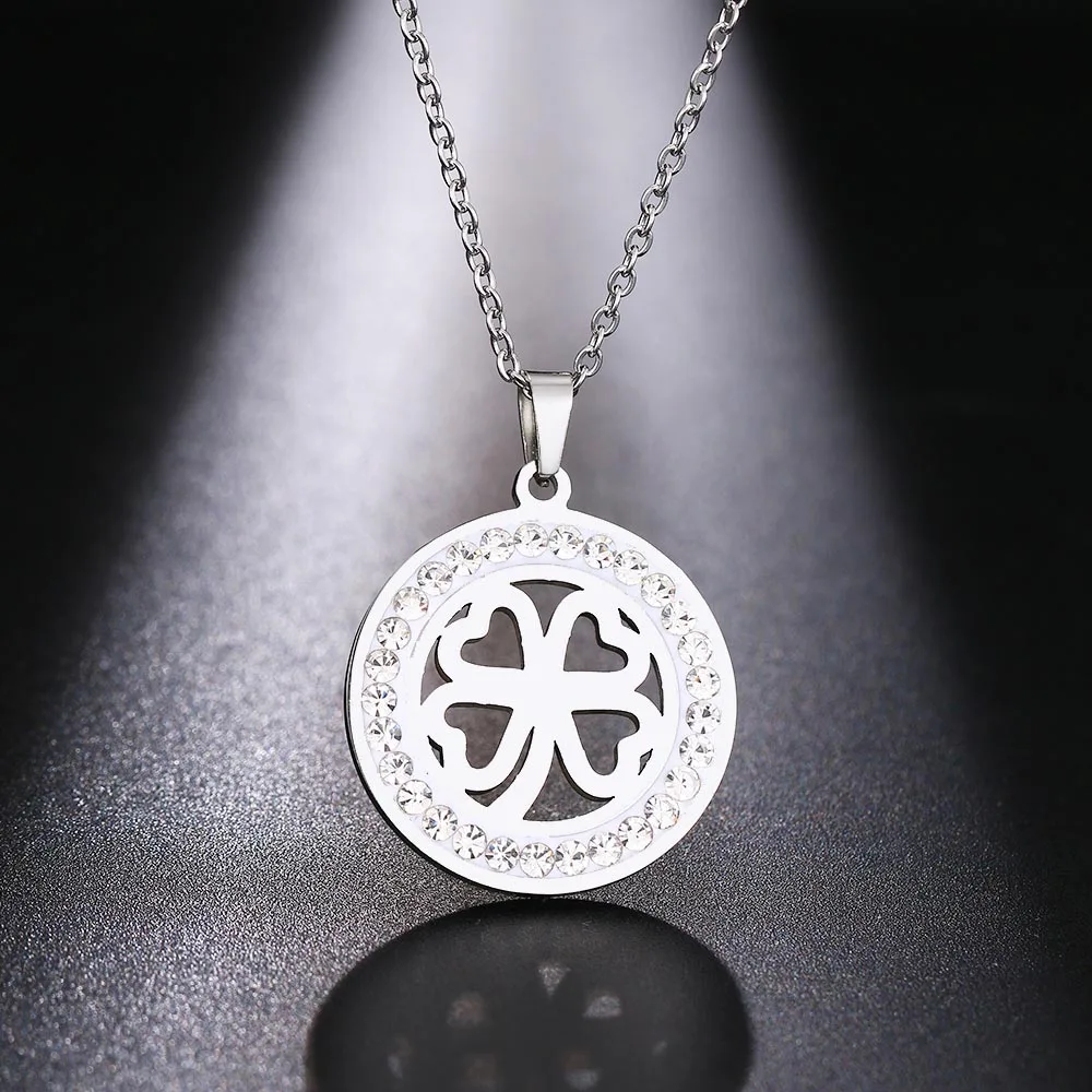 Silver Какана из нержавеющей стали Кристалл Круглые Подвески ожерелье для женщин колье ювелирные изделия полый Клевер Трендовое ожерелье s цепь День святого Валентина - Окраска металла: Silver