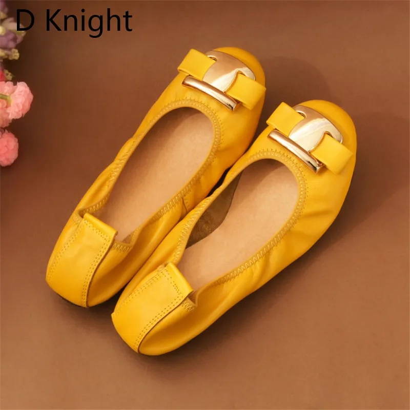 2023 New Women Flat Loafers Shoes Slip-on Bow Metal Decoration Casual Ballet Flat Genuine Leather Women Ballerina Shoes Big Size
