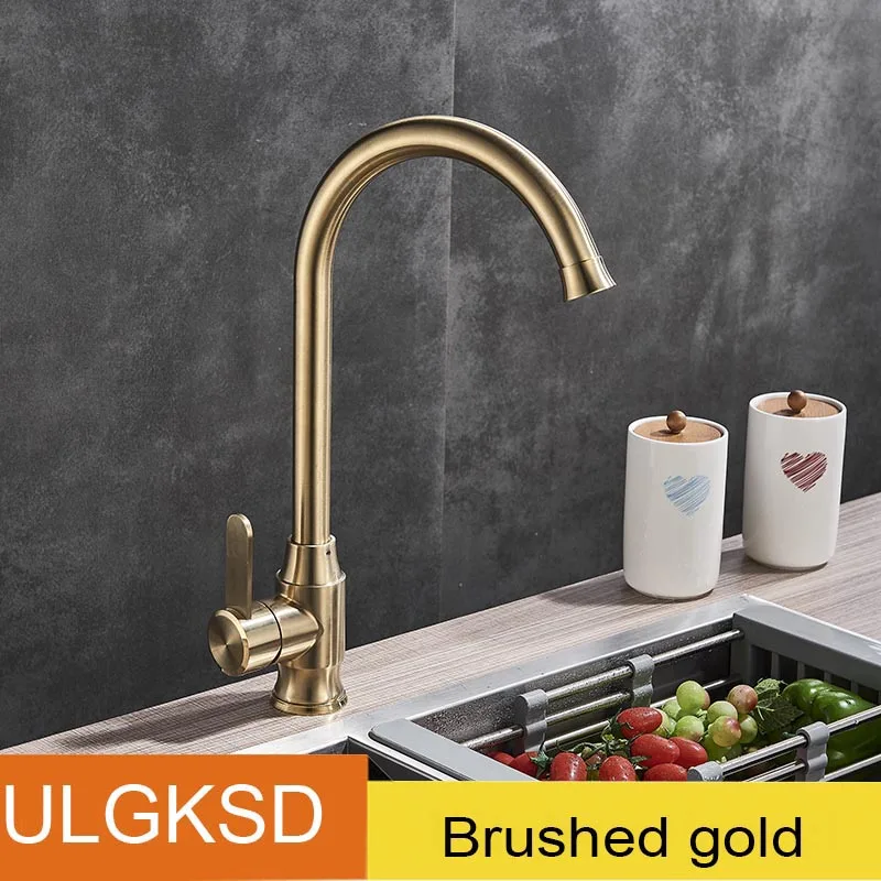 ULGKSD кисть золотой кухонный кран твердая латунь Одной ручкой раковина краны горячей и холодной воды смеситель для кухни - Цвет: Brushed gold
