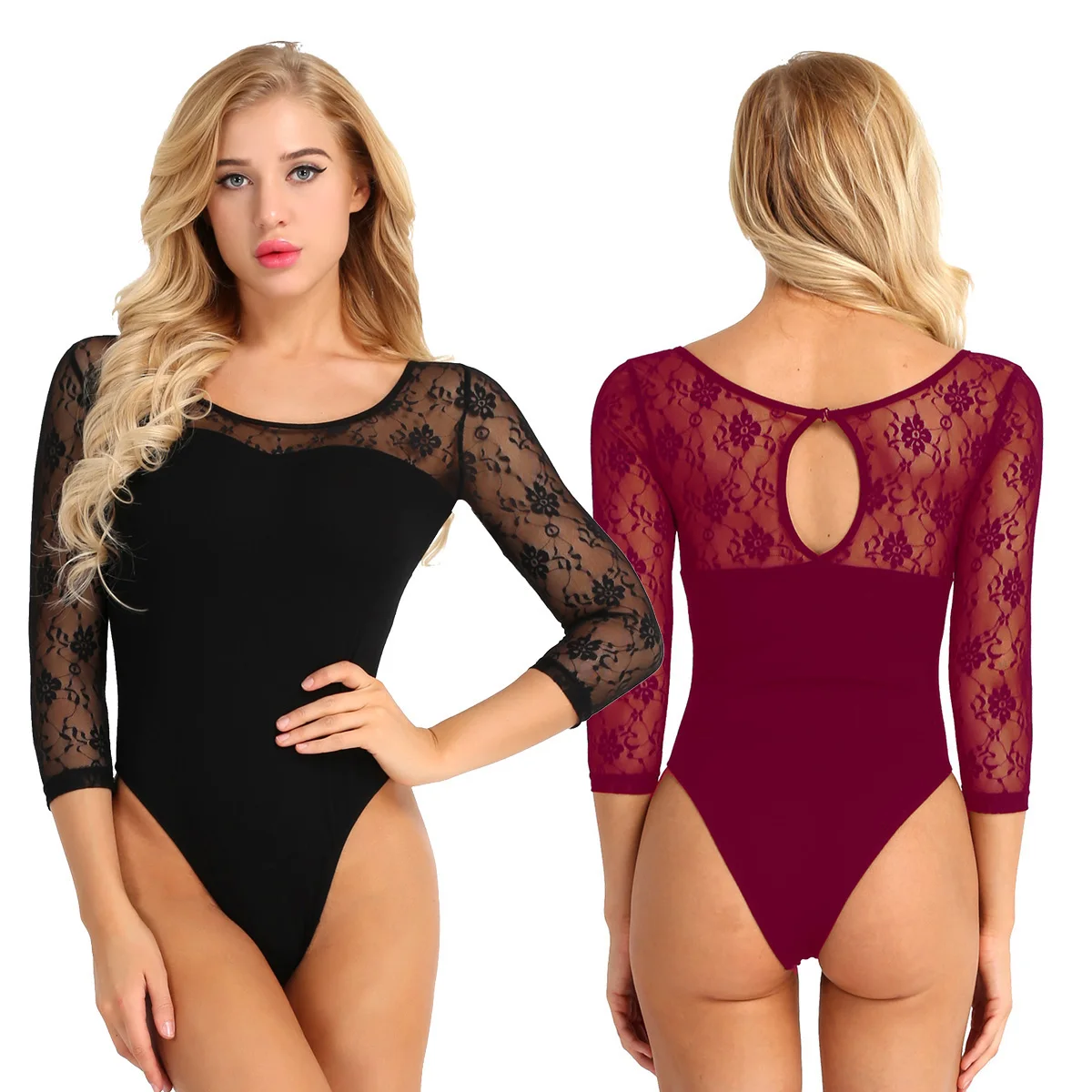

2019 3/4 Sleeve Stretch Bodysuit Women Soft Lace Ballet Dance Leotard Adult Solid Body Gymnastics Jumpsuits Sexy Beach Playsuit