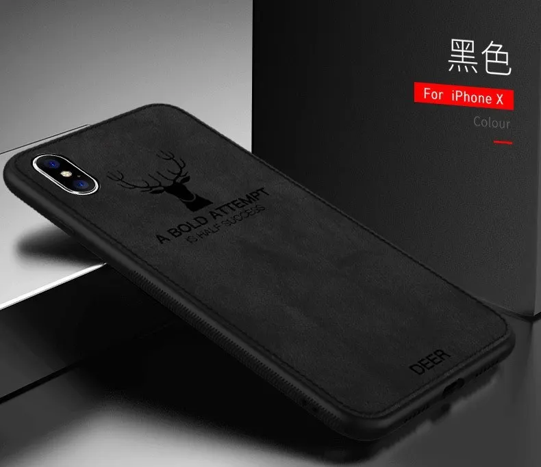 Тканевый чехол для телефона с оленем для iphone 11, 11Pro, X, Xs, Max, Xr, ультра тонкий мягкий силиконовый чехол с текстурой ткани для iphone 7, 8, 6 s Plus - Цвет: Черный