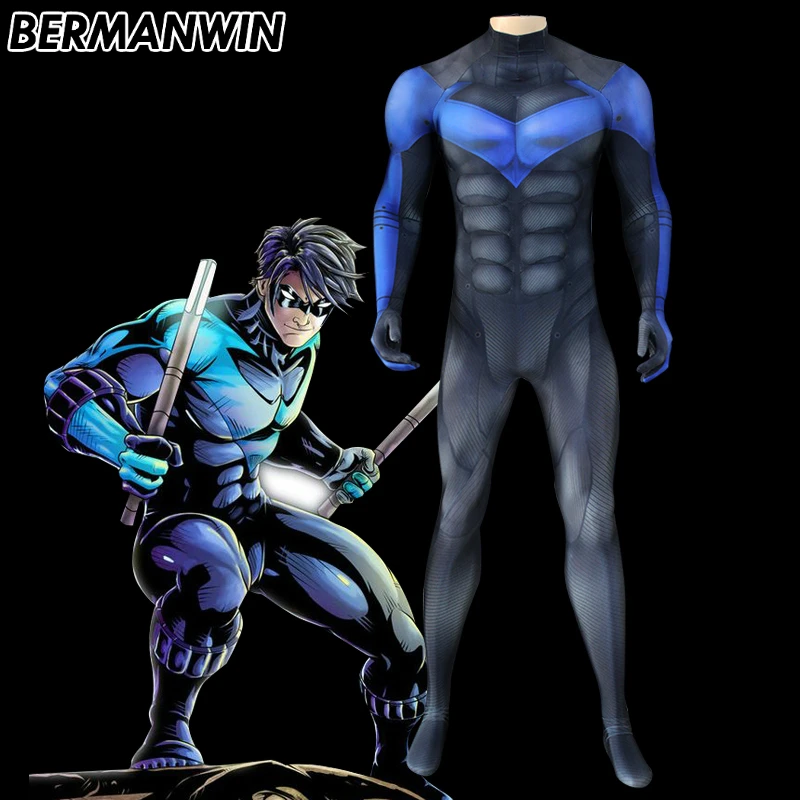 BERMANWIN Высокое качество 3D печать на заказ костюм Nightwing костюм с подкладка для мышц Batman: Arkham City Взрослый мужской косплей