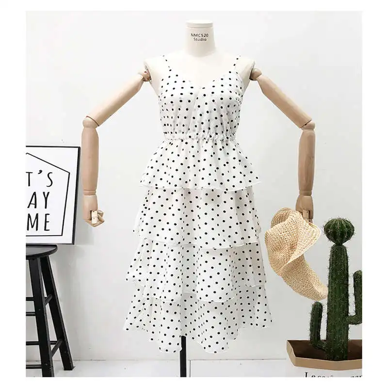 Sweet wind V-neck open back cake strap dress female 2019 new wavelet point long DW16 | Женская одежда