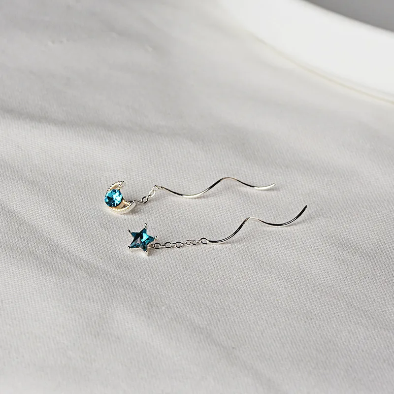 S925 sterling silver blue crystal star moon asymmetrical earrings ladies spiral pentagram ear ornaments jewelry gift 6-ES3141 | Украшения и