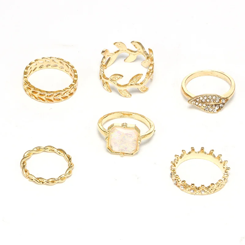 6 Pcs/set Bohemian Vintage Leaf Crown Crystal Gold Geometry Finger Ring Set Party Punk Jewelry Women Wedding Anniversary Gift | Украшения и