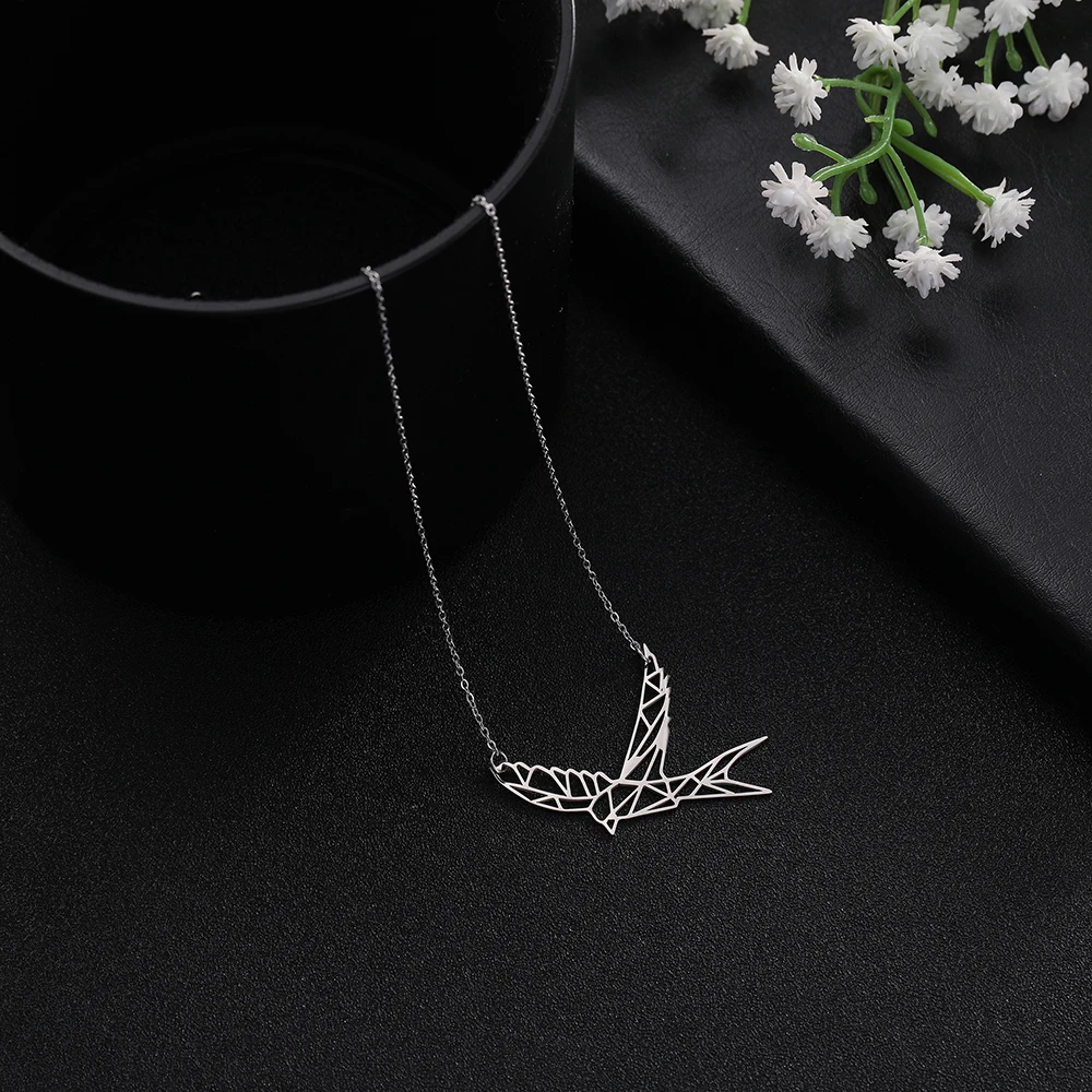 Teamer Stainless Steel Chain Necklace Owl Cock Flamingo Swallow Hollow Geometric Animal Pendant Chokers Female Gifts | Украшения и