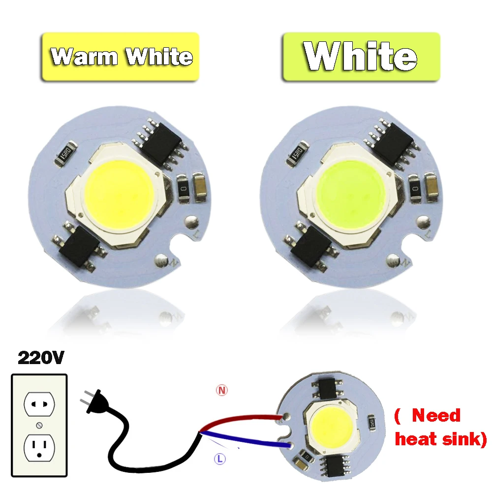 2pcs 220V Driver Free 3W 5w 7W 9w COB LED Lamp Chip Light Warm / White 3000k ~ 3500k, 6000k ~ 6500k